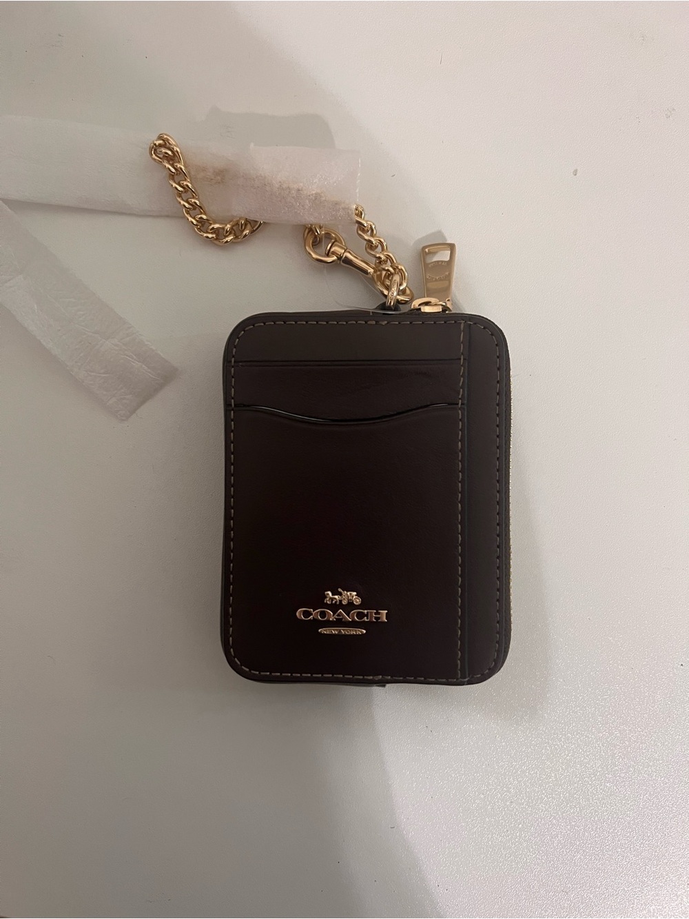 Coach Dark Brown Leather ID Card Holder with Gold Chain